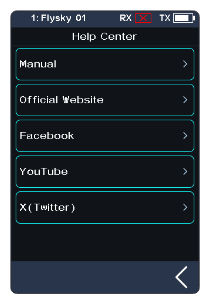 Help Center screen with Manual, Official Website, Facebook, YouTube and X (Twitter)
