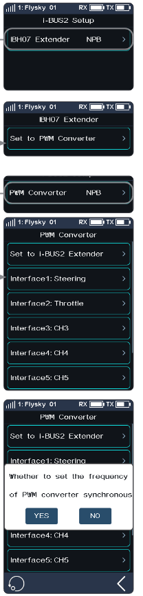 iBH07 Extender screen with Set to PWM Converter; the PWM Converter screen with Set to i-BUS2 Extender and Interface1 Steering to Interface5 CH5; and the prompt "Whether to set the frequency of PWM converter synchronous" with YES and NO
