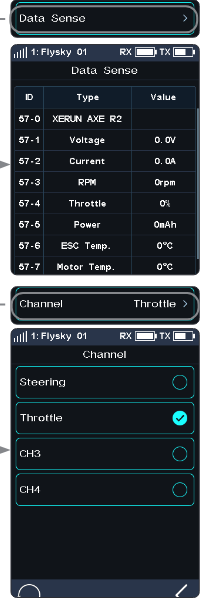 The Data Sense list of the XERUN AXE R2 (Voltage, Current, RPM, Throttle, Power, ESC Temp., Motor Temp.) and the Channel list with Throttle selected