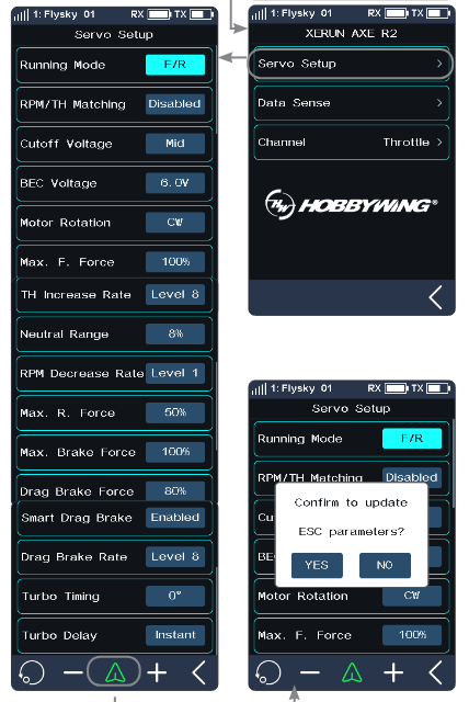 The Servo Setup screen of the XERUN AXE R2 with Running Mode F/R, RPM/TH Matching Disabled, Cutoff Voltage Mid, BEC Voltage 6.0V, Motor Rotation CW, Max. F. Force 100%, TH Increase Rate Level 8, Neutral Range 8%, RPM Decrease Rate Level 1, Max. R. Force 50%, Max. Brake Force 100%, Drag Brake Force 80%, Smart Drag Brake Enabled, Drag Brake Rate Level 8, Turbo Timing 0°, Turbo Delay Instant; the i-BUS2 Setup screen listing XERUN AXE R2 NPB, the XERUN AXE R2 screen with Servo Setup, Data Sense and Channel Throttle, and the "Confirm to update ESC parameters?" prompt