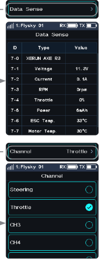 The Data Sense list of the XERUN AXE R3 (Voltage, Current, RPM, Throttle, Power, ESC Temp., Motor Temp.) and the Channel list with Throttle selected