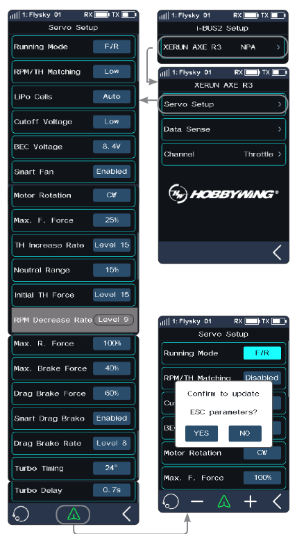The Servo Setup screen of the XERUN AXE R3 with Running Mode F/R, RPM/TH Matching Low, LiPo Cells Auto, Cutoff Voltage Low, BEC Voltage 8.4V, Smart Fan Enabled, Motor Rotation CW, Max. F. Force 25%, TH Increase Rate Level 15, Neutral Range 15%, Initial TH Force Level 15, RPM Decrease Rate Level 9, Max. R. Force 100%, Max. Brake Force 40%, Drag Brake Force 60%, Smart Drag Brake Enabled, Drag Brake Rate Level 8, Turbo Timing 24°, Turbo Delay 0.7s; the i-BUS2 Setup screen listing XERUN AXE R3 NPA, the XERUN AXE R3 screen and the "Confirm to update ESC parameters?" prompt