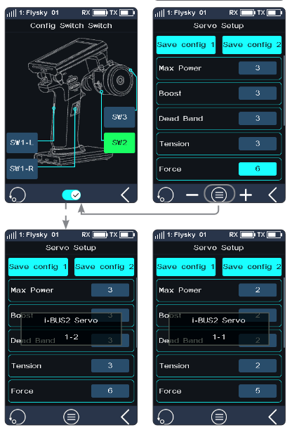 The Config Switch screen with the transmitter controls and the Servo Setup screens with the "i-BUS2 Servo 1-2" and "1-1" prompts