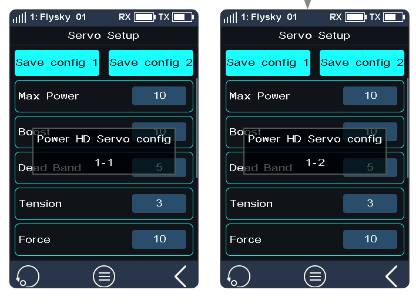 Servo Setup screens with the "Power HD Servo config 1-1" and "1-2" prompts