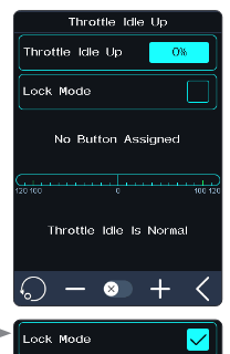 Throttle Idle Up screen with Throttle Idle Up 0%, Lock Mode check box, No Button Assigned, the throttle bar and "Throttle Idle Is Normal"
