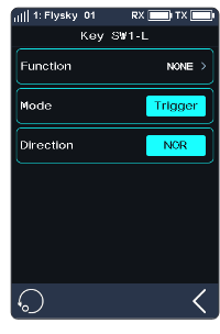 Key SW1-L screen with Function NONE, Mode Trigger and Direction NOR
