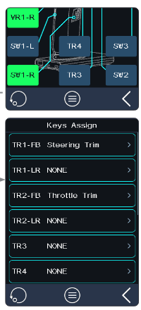 The Controls Assign screen with the list icon, and the Keys Assign list: TR1-FB Steering Trim, TR1-LR NONE, TR2-FB Throttle Trim, TR2-LR NONE, TR3 NONE, TR4 NONE