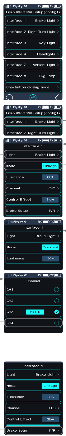 Lamp Interface Setup (config1) screens listing Interface 1 to Interface 8 and One-button closing mode; the Interface 1 screen with Light Brake Light, Mode Linkage, Luminance 80%, Channel CH3, Control Effect Slow, Brake Setup F/R; the Interface 1 screen with Mode Constant and Luminance 80%; and the Channel list CH1 to CH4 with CH3 VR1-R selected