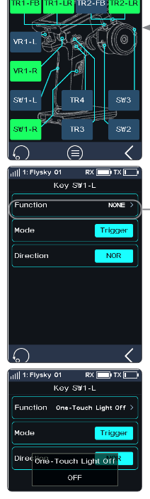 The Controls Assign screen and the Key SW1-L function list: NONE, CH3 (AUX. 3), CH4 (AUX. 4), TMR ST/Stop/L/RES, Timer Reset, Throttle Start Timer, Throttle Curve, Throttle Idle Up, Engine Cut, Cruise Control, One-Touch Light Off, Sensors Limit Reset