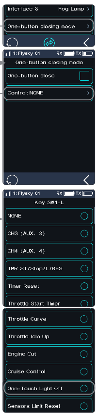 The Lamp Interface Setup screen with Interface 8 Fog Lamp and One-button closing mode; the One-button closing mode screen with the One-button close check box and Control: NONE; the Key SW1-L screen with Function NONE, Mode Trigger, Direction NOR; and the same screen with Function One-Touch Light Off