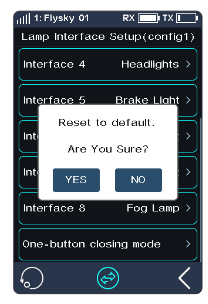 Lamp Interface Setup (config1) screen with the prompt "Reset to default. Are You Sure?" with YES and NO