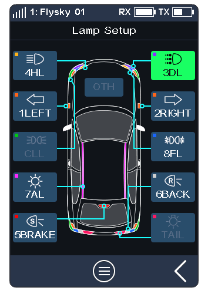 Lamp Setup screen with the car diagram and the lamp buttons 4HL, 1LEFT, 6LOW, 7AL, 5BRAKE, 3DL, 2RIGHT, 8FL, 6BACK, TAIL