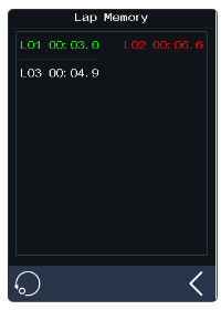 Lap Memory screen listing L01 00:03.0, L02 00:06.0 and L03 00:04.9