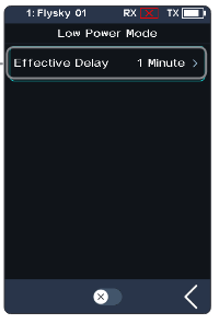 Low Power Mode screen with Effective Delay 1 Minute and the on/off icon
