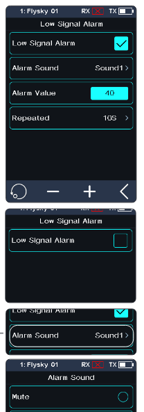 Low Signal Alarm screen with Low Signal Alarm check box, Alarm Sound Sound1, Alarm Value 40 and Repeated 10S, and the Alarm Sound list Mute, Sound1, Sound2, Sound3