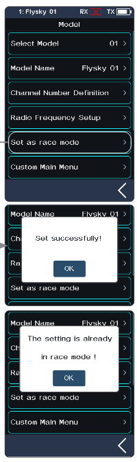 Model screen with Set as race mode selected, the "Set successfully!" pop-up and the "The setting is already in race mode!" pop-up