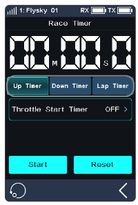 Race Timer screen with 00:00.0, the Up Timer, Down Timer and Lap Timer tabs and Throttle Start Timer OFF