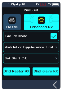 Bind Set screen with Enhanced Rx, Two Rx Mode checked, Modulation A/J Priority, Set Start CH, Bind Master RX and Bind Slave RX