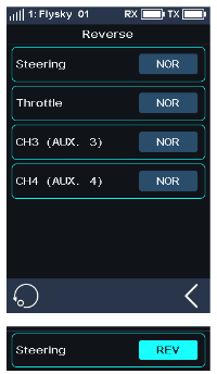 Reverse screen with Steering, Throttle, CH3 (AUX. 3) and CH4 (AUX. 4) set to NOR, and Steering set to REV