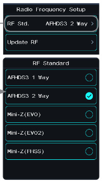 Radio Frequency Setup screen with RF Std. AFHDS3 2 Way and Update RF, and the RF Standard list AFHDS3 1 Way, AFHDS3 2 Way, Mini-Z(EVO), Mini-Z(EVO2), Mini-Z(FHSS)