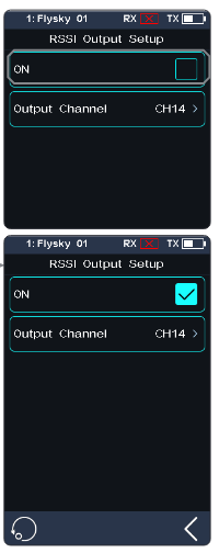 RSSI Output Setup screens with ON unchecked and checked and Output Channel CH14