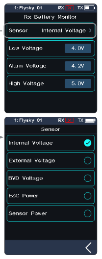 Rx Battery Monitor screen with Sensor Internal Voltage, Low Voltage 4.0V, Alarm Voltage 4.2V, High Voltage 5.0V, and the Sensor list Internal Voltage, External Voltage, BVD Voltage, ESC Power, Sensor Power