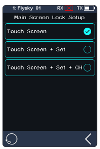Main Screen Lock Setup screen with Touch Screen (selected), Touch Screen + Set, Touch Screen + Set + CH