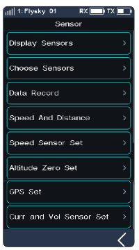 Sensor menu with Display Sensors, Choose Sensors, Data Record, Speed And Distance, Speed Sensor Set, Altitude Zero Set, GPS Set and Curr and Vol Sensor Set
