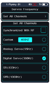 Servos Frequency screen with Set All Channels selected and the Set All Channels screen with Synchronized With RF, Custom 400HZ, Analog Servo (95Hz), Digital Servo (380Hz), SR (833Hz), SFR (1000Hz)
