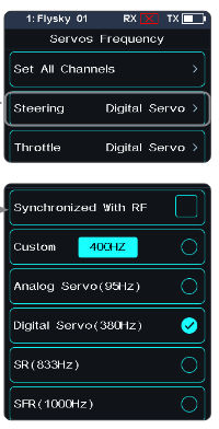 Servos Frequency screen with Set All Channels, Steering Digital Servo and Throttle Digital Servo, and the Steering screen with Synchronized With RF, Custom 400HZ, Analog Servo (95Hz), Digital Servo (380Hz), SR (833Hz), SFR (1000Hz)
