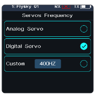 Servos Frequency screen with Analog Servo, Digital Servo (selected) and Custom 400HZ