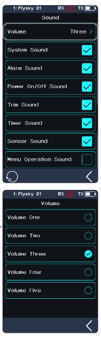 Sound screen with Volume Three, System Sound, Alarm Sound, Power On/Off Sound, Trim Sound, Timer Sound, Sensor Sound, Menu Operation Sound check boxes, and the Volume list Volume One to Volume Five