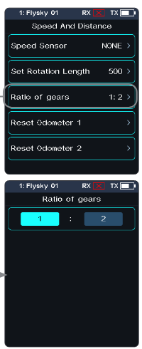 Speed And Distance screen with Speed Sensor NONE, Set Rotation Length 500, Ratio of gears 1:2, Reset Odometer 1 and Reset Odometer 2, and the Ratio of gears screen with 1 : 2