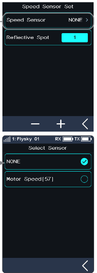 Speed Sensor Set screen with Speed Sensor NONE and Reflective Spot 1, and the Select Sensor list with NONE and Motor Speed[57]