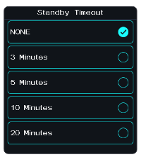 Standby Timeout list NONE, 3 Minutes (selected), 5 Minutes, 10 Minutes, 20 Minutes