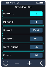 Steering ICS screen with Power L 3, Power H 4, Speed Fast, Damping Mid, Gyro Mixing 2%, Punch 10
