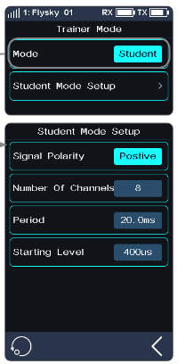 Trainer Mode screen with Mode Student and Student Mode Setup, and the Student Mode Setup screen with Signal Polarity Positive, Number Of Channels 8, Period 20.0ms, Starting Level 400us