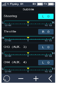 Subtrim screen with L 0 / B 0 for Steering, Throttle, CH3 and CH4