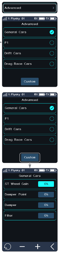Advanced screen with the car types General Cars, F1, Drift Cars, Drag Race Cars and the Custom button, and the General Cars screen with ST Wheel Gain 0%, Damper Point 0%, Damper 0%, Filter 0%