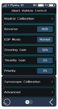 Smart Vehicle Control screen with Neutral Calibration, Reverse NOR, ESP Mode Normal, Steering Gain 50%, Throttle Gain 0%, Priority 0%, Gyroscope Calibration and Advanced