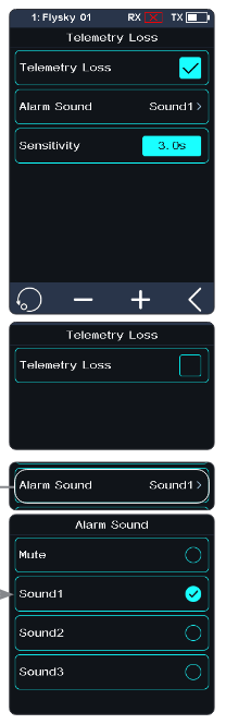 Telemetry Loss screen with Telemetry Loss check box, Alarm Sound Sound1 and Sensitivity 3.0s, and the Alarm Sound list Mute, Sound1, Sound2, Sound3