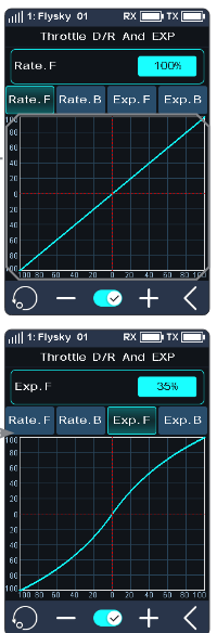 Throttle D/R And EXP screens with Rate.F 100% and Exp.F 35%, the Rate.F, Rate.B, Exp.F and Exp.B tabs and the curves