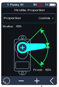 Throttle Proportion screen with Proportion Custom, Brake 45% / Front 55%