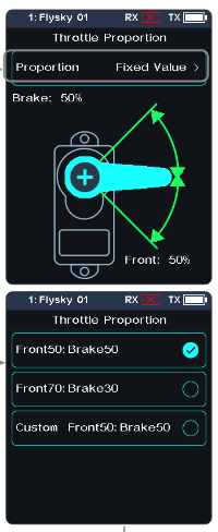 Throttle Proportion screen with Proportion Fixed Value, Brake 50% / Front 50% and the trigger diagram, and the Proportion list Front50:Brake50, Front70:Brake30, Custom Front50:Brake50