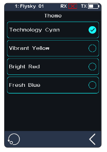 Theme screen with Technology Cyan (selected), Fashion Yellow, Bright Red, Fresh Blue