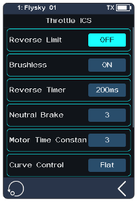 Throttle ICS screen with Reverse Limit OFF, Brushless ON, Neutral Brake 0, Motor Time Constant 5, Curve Control Flat