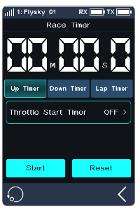 Race Timer screen with the minutes and seconds display, the Up Timer, Down Timer and Lap Timer tabs, Throttle Start Timer OFF and the Start and Reset buttons