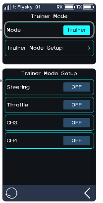 Trainer Mode screen with Mode Trainer and Trainer Mode Setup, and the Trainer Mode Setup screen with Steering, Throttle, CH3 and CH4 set to OFF