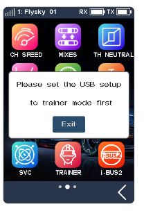 The main menu with the prompt "Please set the USB setup to trainer mode first" and Exit