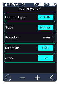 Trim SW2+SW3 screen with Button Type C BTN, Type Normal, Function NONE, Direction NOR and Step 2